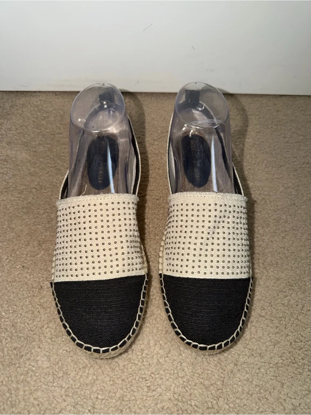 Rebecca Minkoff Espadrille Flats 8.5 Black Cream Studded Slip On Shoes
